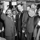 Emperor Haile Selassie of Ethiopia stands with Rep. Adam Clayton Powell (D-NY), pastor of the church, during visit to the Abyssinian Baptist Church in Harlem area of New York City on May 30, 1954.